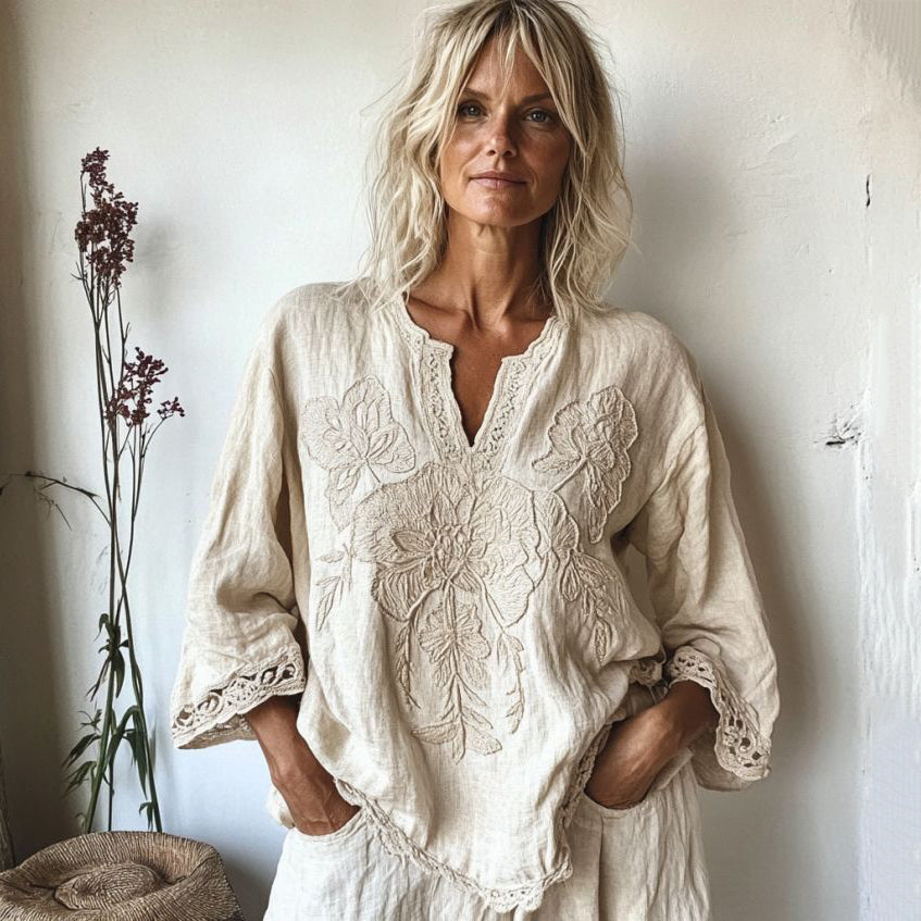 Vintage Floral Lace Patchwork Cotton Linen Crew Neck Shirt elevenforest