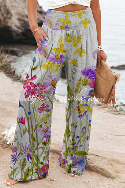 Finn Printed High Rise Smocked Waist Pocketed Wide Leg Pants
