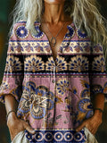 Women's Vintage Floral Pattern Art Print Linen Cotton Casual Shirt