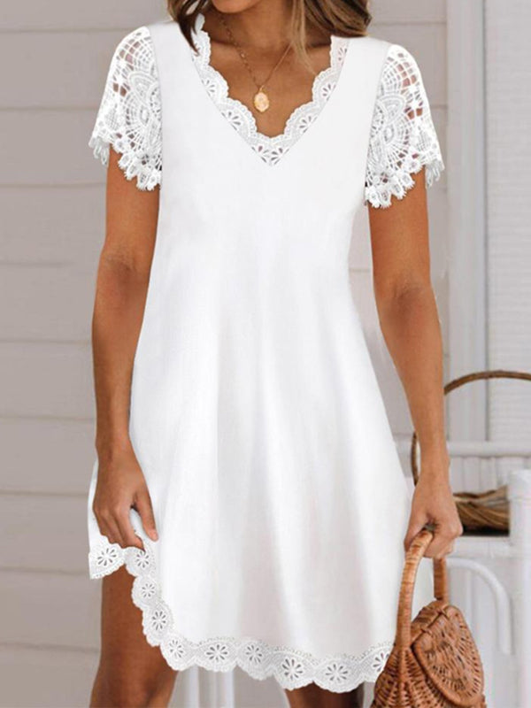 Loose Short Sleeves Color Split-joint V-neck Mini Dresses