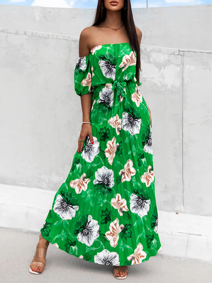 A-line Loose Elasticity Flower Print Pleated Split-joint Tied Waist Off-the-shoulder Maxi Dresses