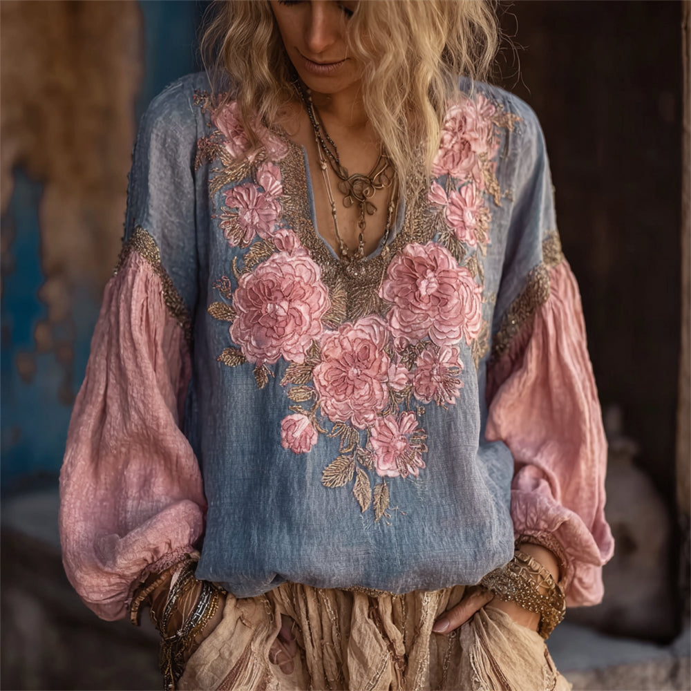 Boho Floral Embroidery Art Women's Long Sleeve Shirt elevenforest