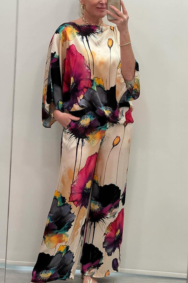 Satin Botanical Print Crew Neck Top and Elastic Waist Loose Pocket Pants Set