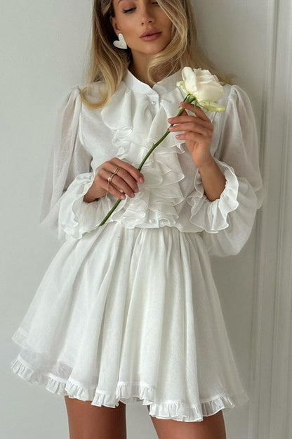 Ruffled Stand Collar Long Sleeve Mini Dress