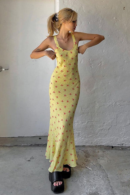 U Neck Print Ruched Cami Maxi Dress