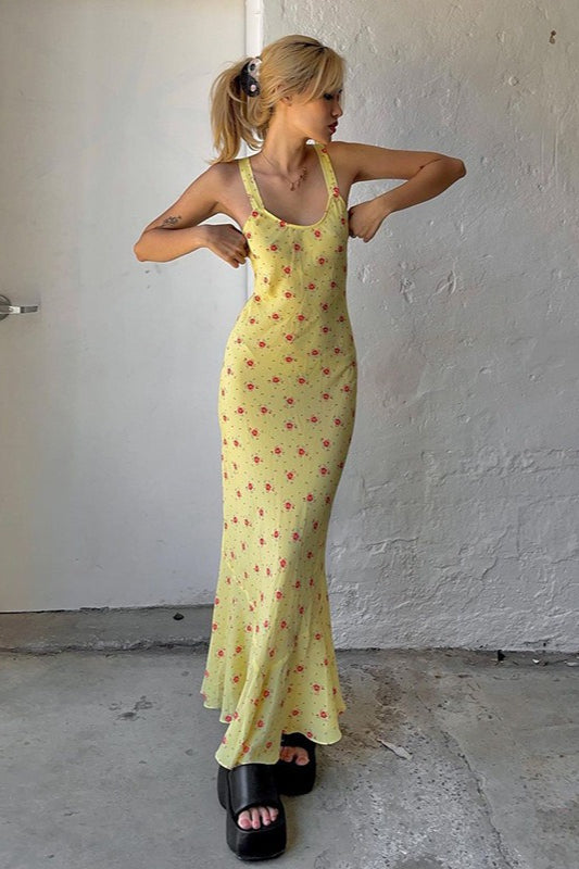U Neck Print Ruched Cami Maxi Dress