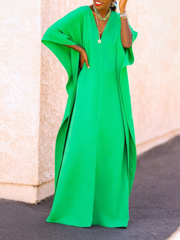 Batwing Sleeves Loose Color Split-side V-neck Maxi Dresses