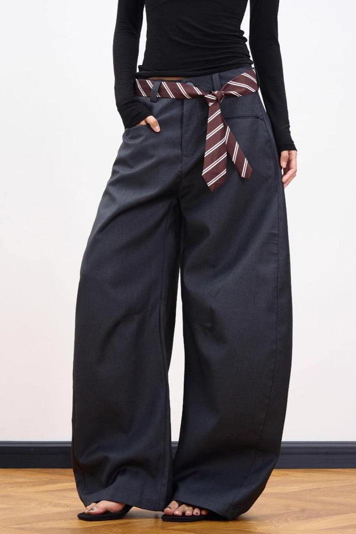 Belt Detail Curved Wide Leg Pants