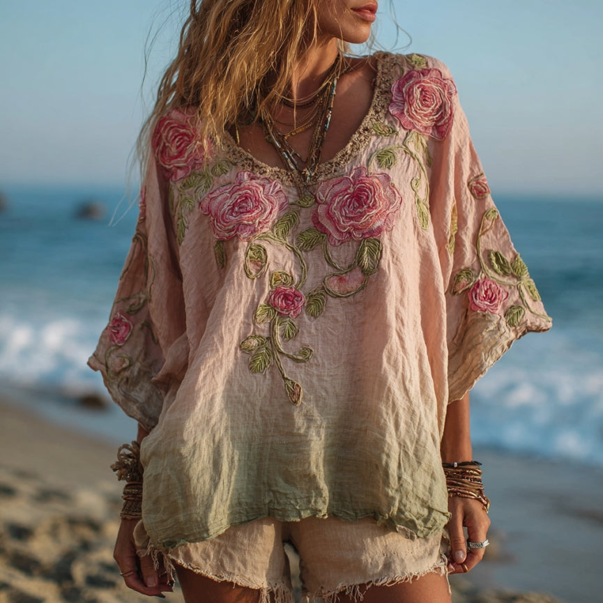Women's Vintage Rose Gradient Art V Neck Linen Comfy T-shirt elevenforest
