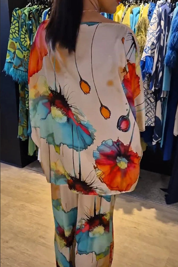 Satin Botanical Print Crew Neck Top and Elastic Waist Loose Pocket Pants Set