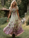 Boho Floral Embroidery Gradient Women's Linen Short Sleeve Maxi Dress
