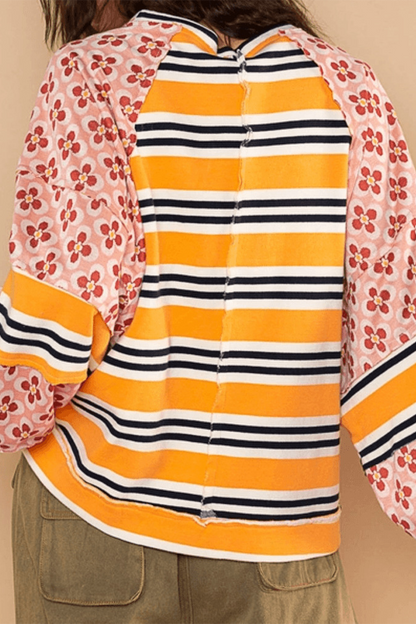 Striped Print Flowers Contrast O Neck Hoodies
