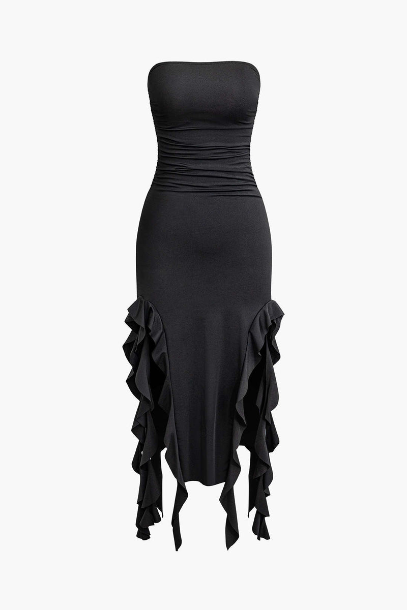 Color French Ruffle Hem Ruched Tube Maxi Dress