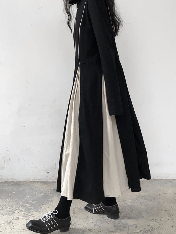 Original Contrast Color Split-joint High-neck Midi Dress