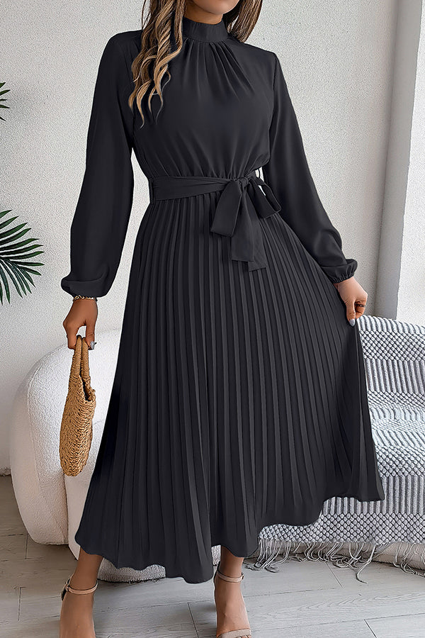 Stand-collar Long-sleeve Waisted Tie-up Pleated Midi Dress
