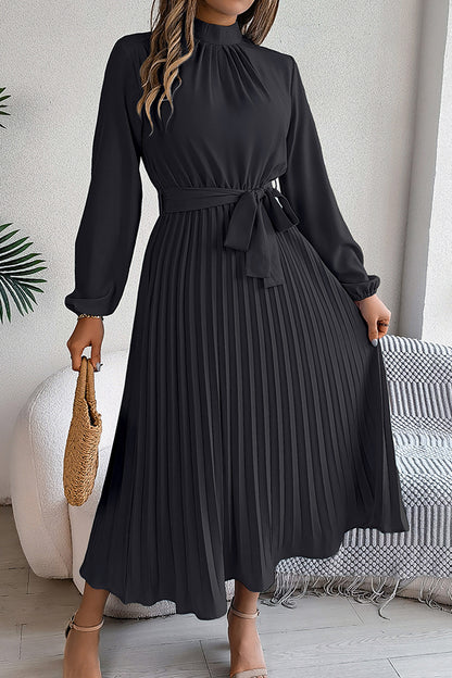 Stand-collar Long-sleeve Waisted Tie-up Pleated Midi Dress