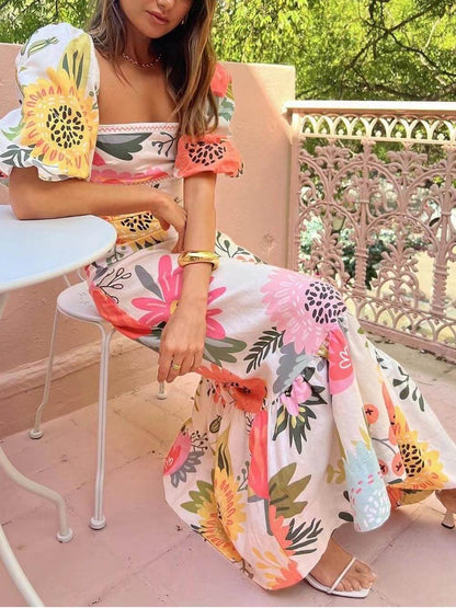 Print Square Neck Bubble Sleeve Maxi Dress