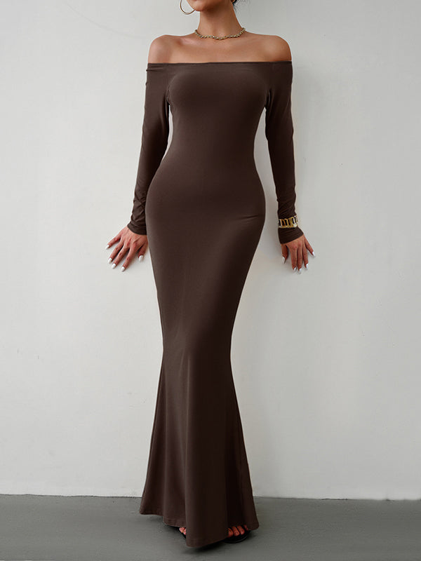 Bodycon Long Sleeves See-through Color Off-the-shoulder Maxi Dresses