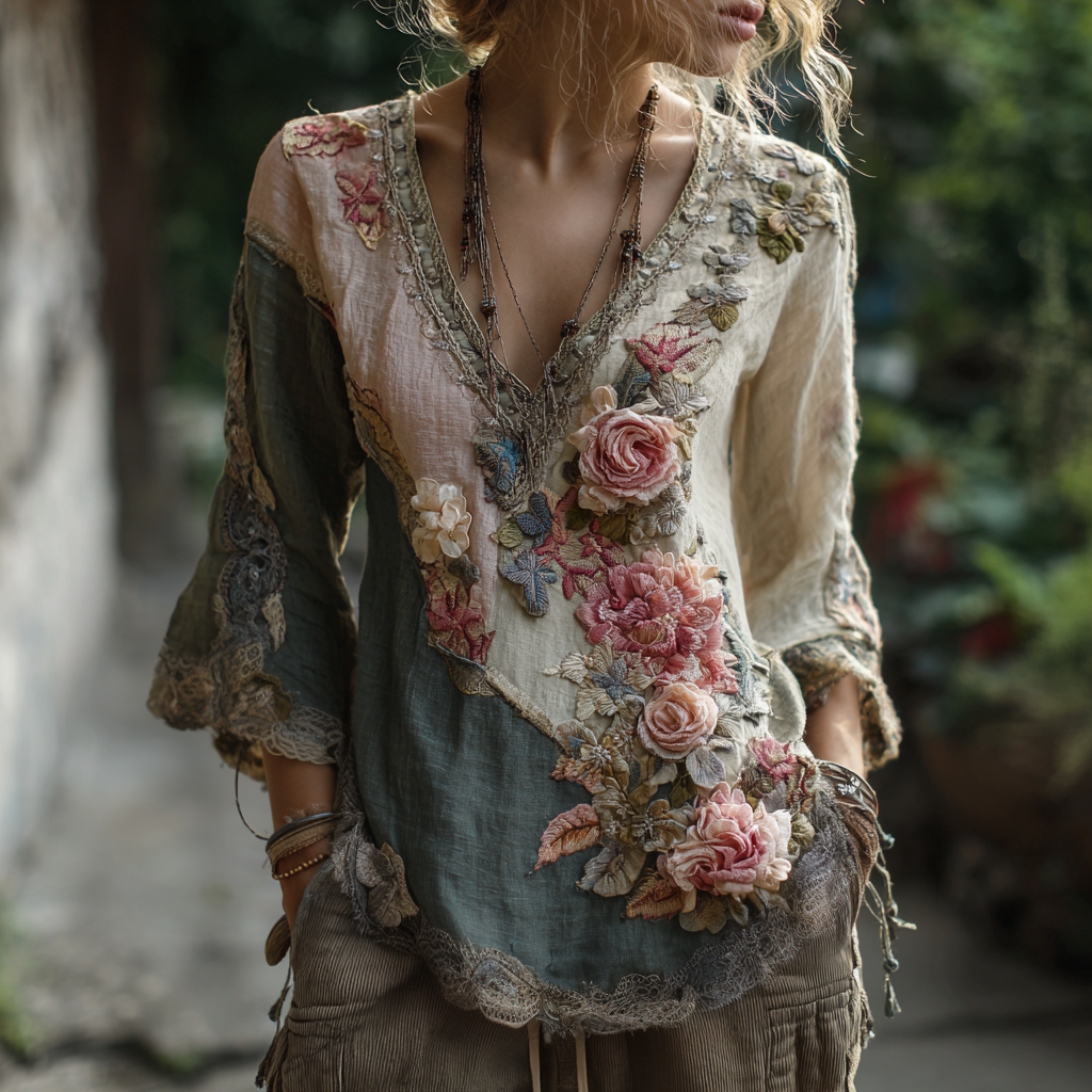 Women's Vintage Rose Floral Linen T-shirt elevenforest