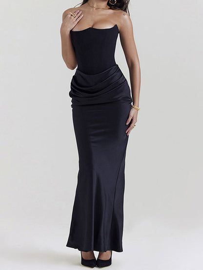 Satin Bandeau Splice Slim Maxi Dress With Corset Ruched