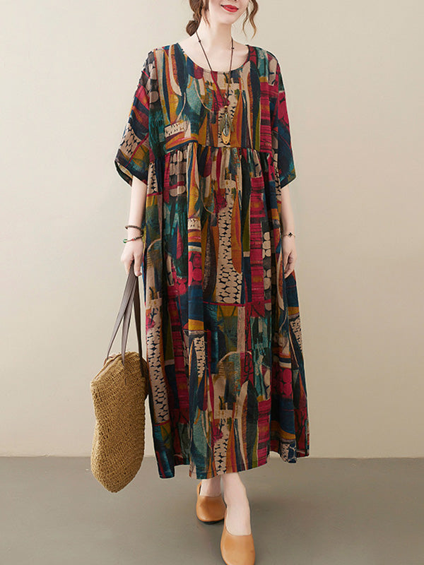 Loose Abstract Printed Pleated Round-neck Half Sleeves Midi Dress