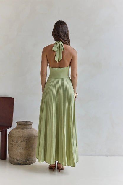 Color Halter Neck Hollowed-out Pleated Holiday Maxi Dress