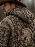 Men's Vintage Horse Crochet Celtic Cozy Knit Hooded Sweater artswardrobe