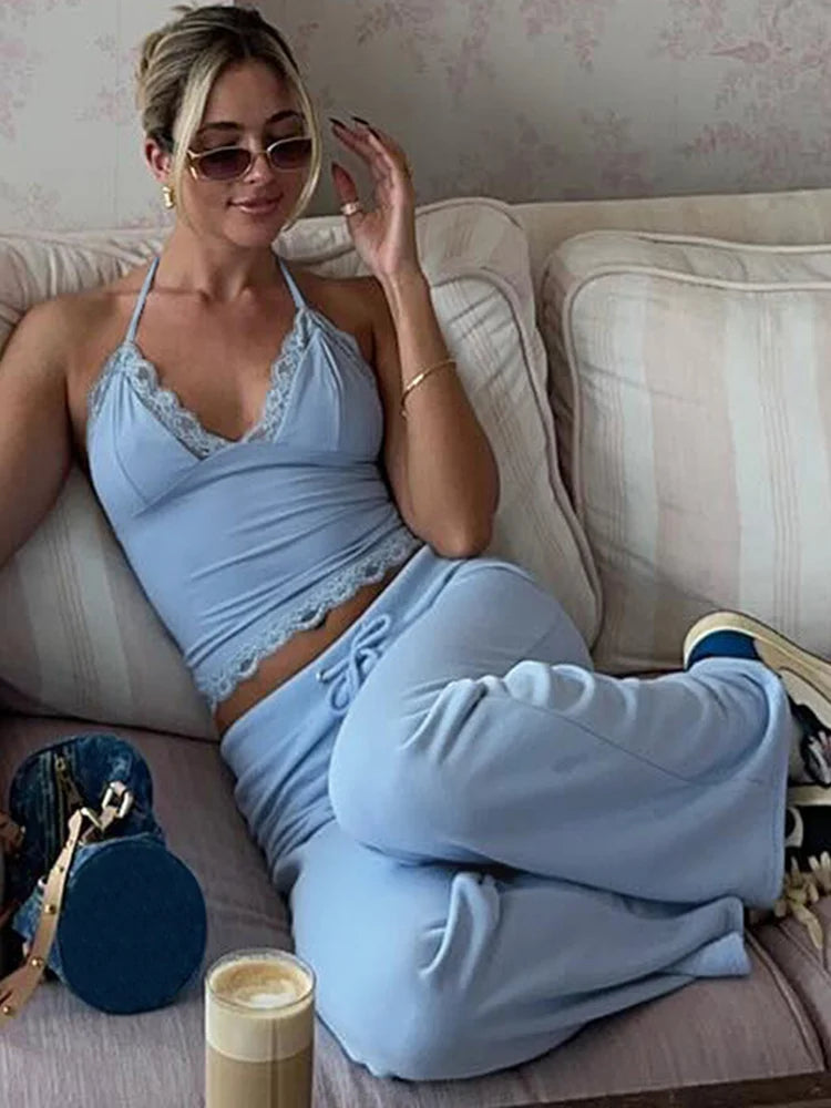 V-neck Strapless Wide-leg Pants Suit Lace V Neck Top Lace-up Long Trousers Summer Two Piece Sets