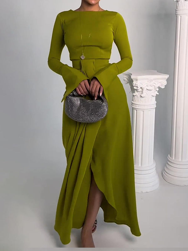 Bodycon Irregularity Color Split-front Round-neck Maxi Dresses