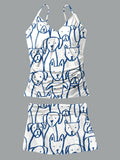 V-Neck Line Funny Dog Multicolor Puppy Art Print Suspender Skirt Tankini Pantskirt Set Swimsuit