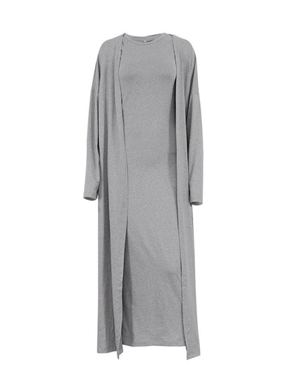 Long Sleeves Color Round-neck Inner Dress + Bodycon Outerwear Two Pieces Set