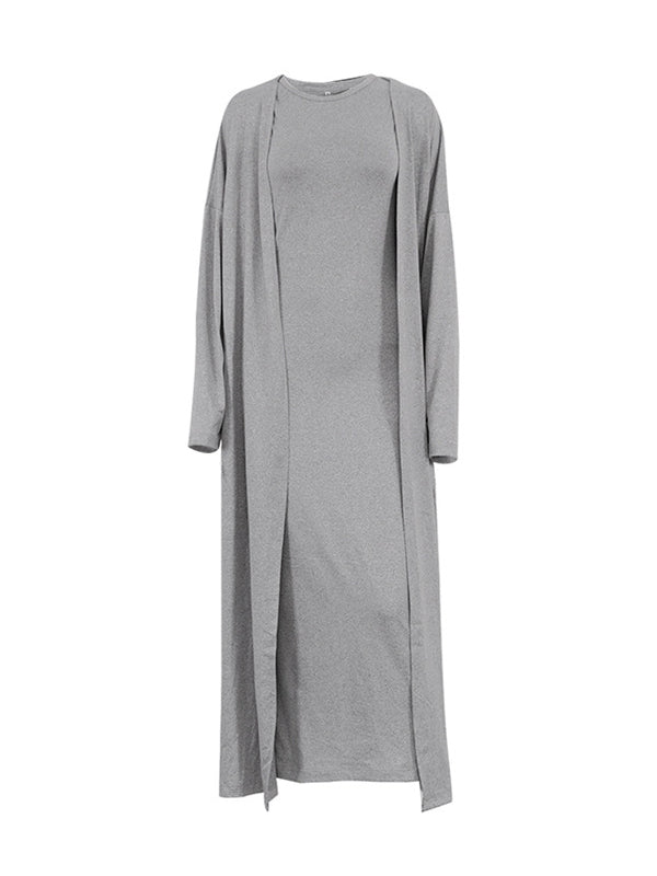 Long Sleeves Color Round-neck Inner Dress + Bodycon Outerwear Two Pieces Set