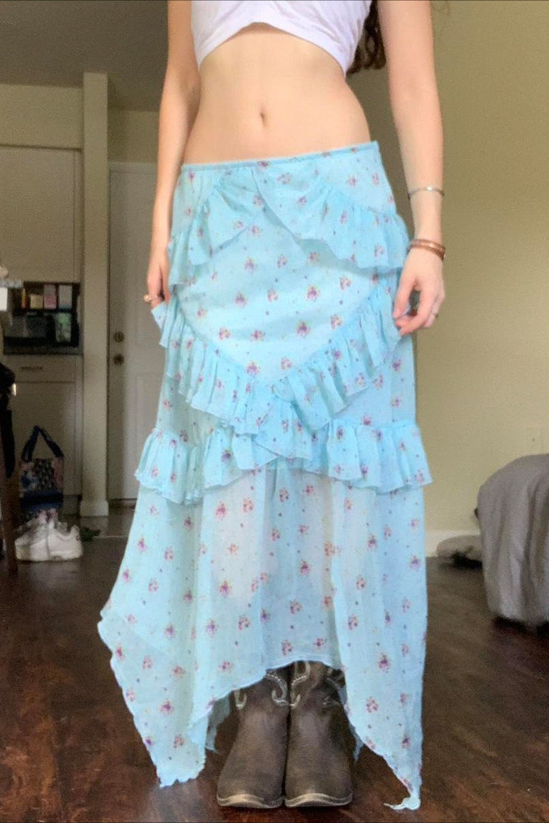 Ruffle Asymmetric Sheer Mesh Vacation Maxi Skirt