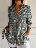 Women's Vintage Ethnic Floral Art Print Casual Cotton Shirt