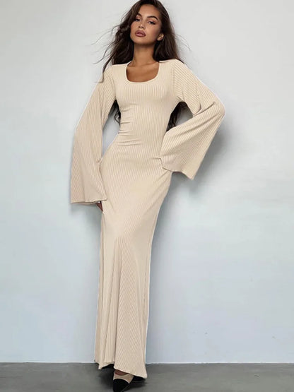 Autumn/winter New Sweater Square Neck Flare Sleeve Lace Up Waist Slim Dress Bodycon Party Club Street Clothing