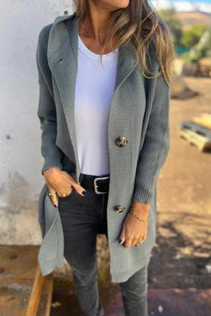 Color Hooded Pocket Mid-length Knitted Cardigan