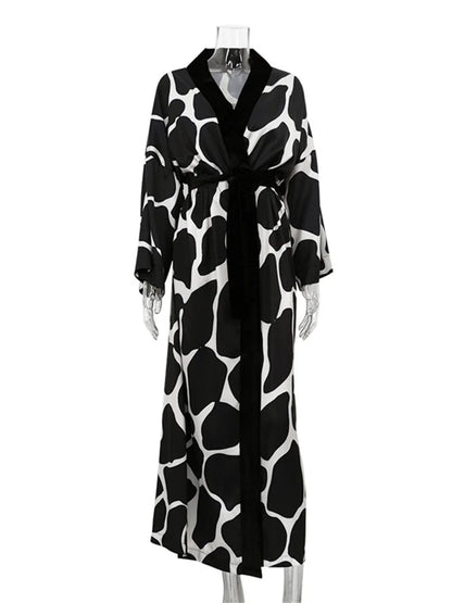 Contrast Loose Lace-up Long Dress Nightwear for V-neck Long Sleeve Autumn Clothes Female Bandage Maxi Dress