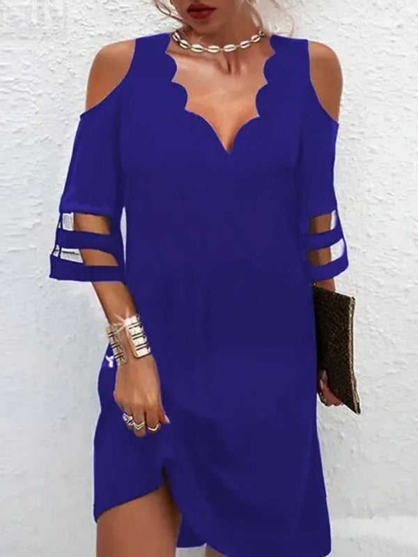 Half Sleeves Loose See-through Color Split-joint Cold Shoulder Mini Dresses