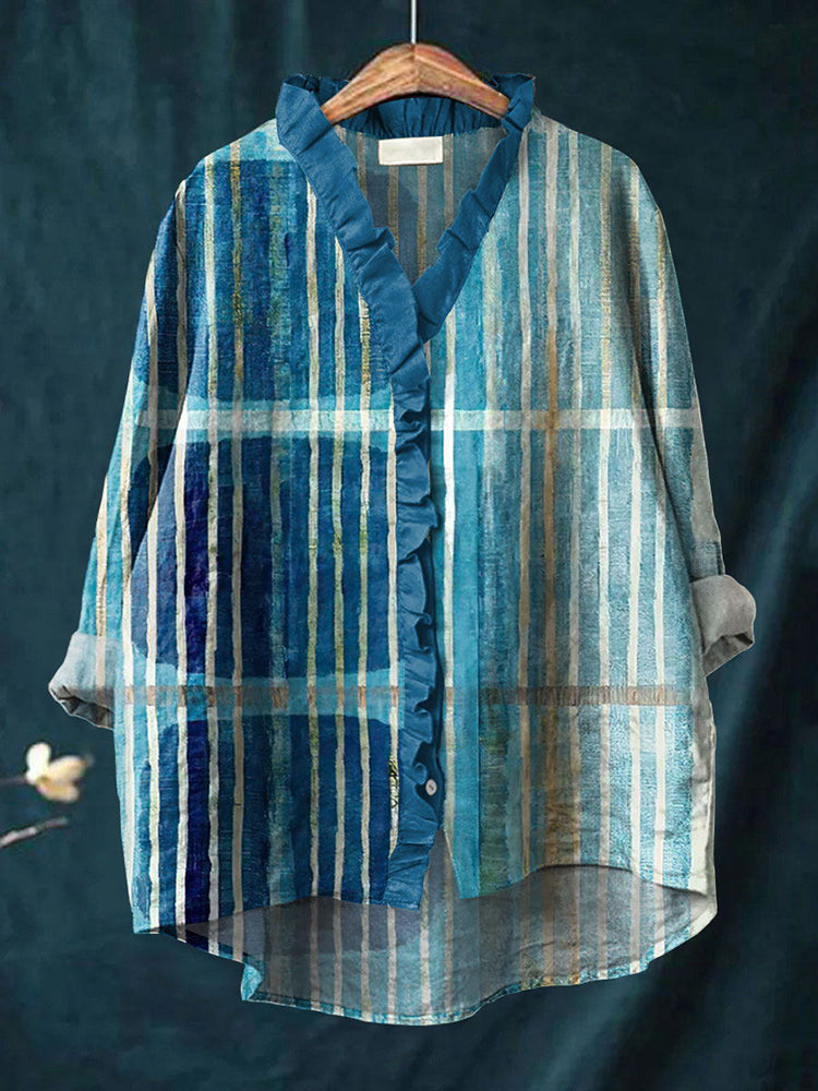 Gradient Color Striped Pattern Linen Blend Shirt elevenforest
