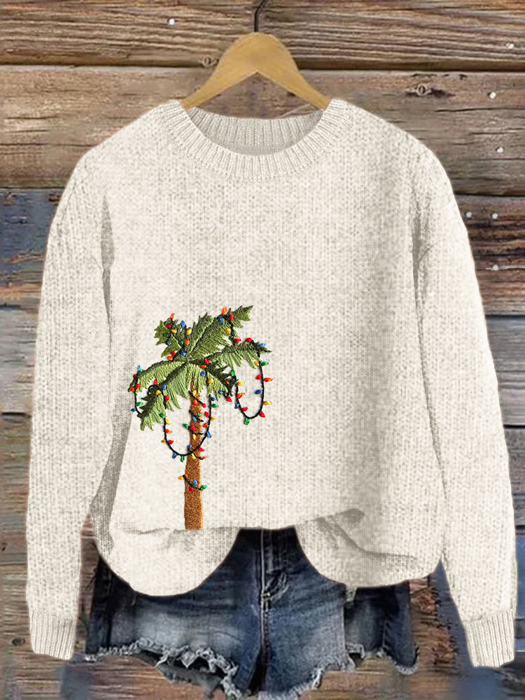 Comstylish Christmas Palm Tree Embroidered Cozy Knit Sweater