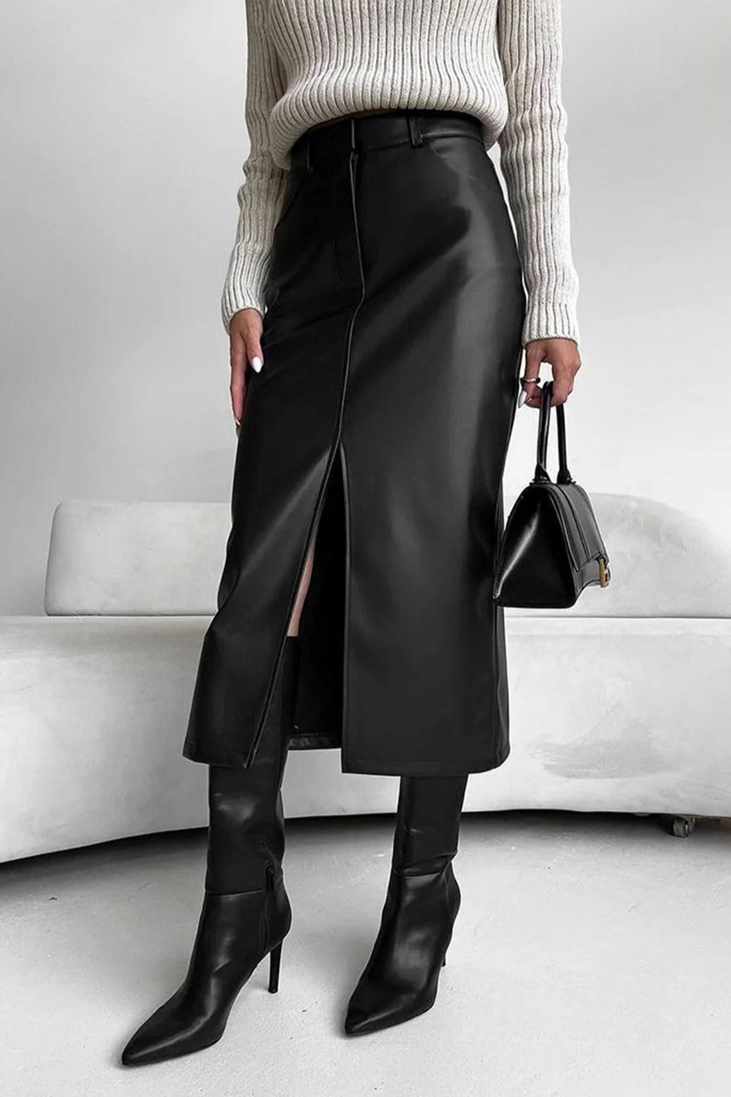 Leather High Waist Split Skirt