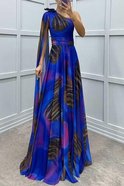 Lucia Unique Print Detail One Shoulder Draped Sleeve Gown Maxi Dress