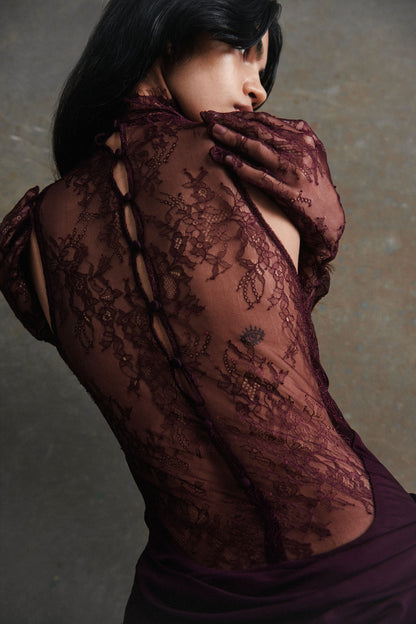 Evelyn Plunging Cowl Lace Bodice Maxi Dress