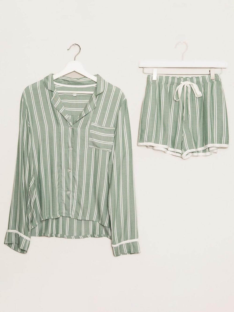 Loose Striped Patchwork Long-sleeved Shorts Pajama Set
