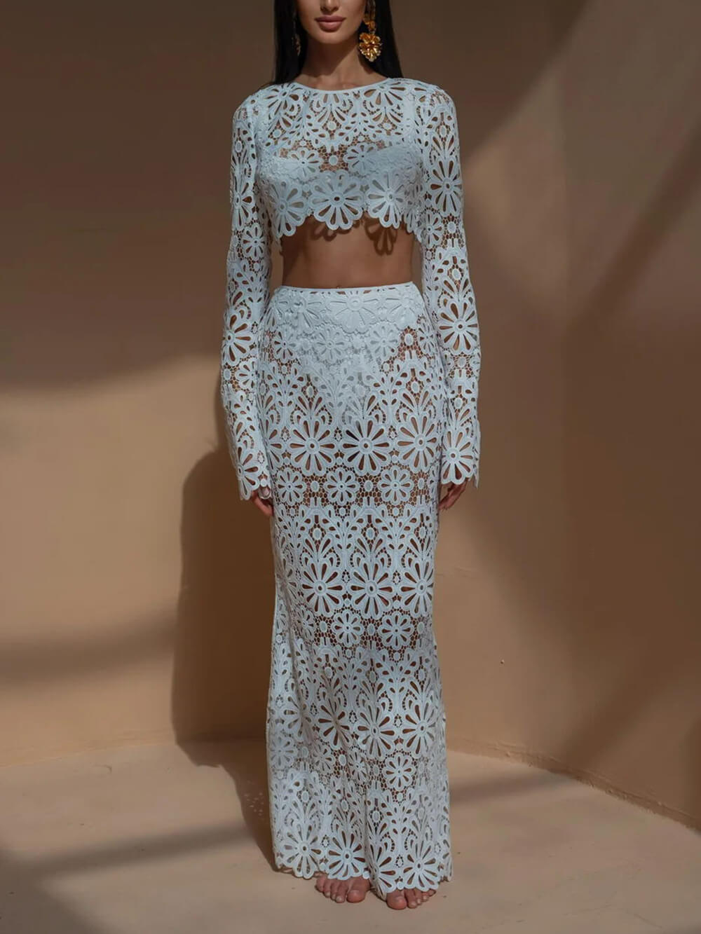 Slim Cutout Lace Top + Half-body Skirt Two Piece Set