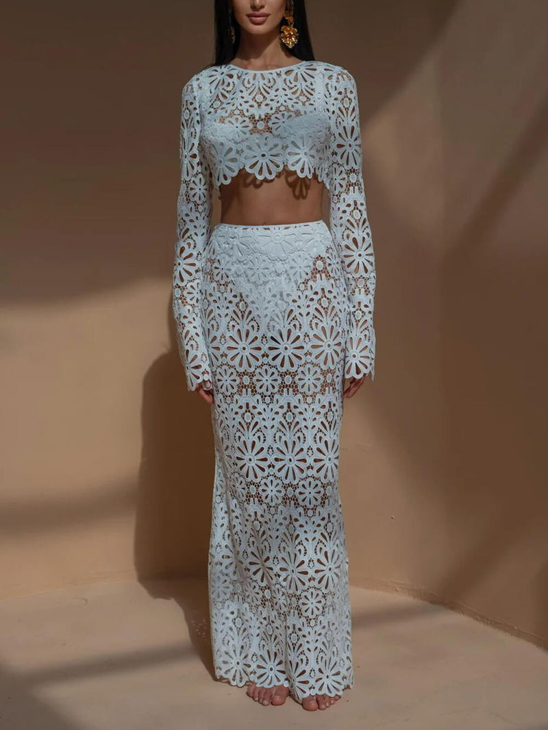 Slim Cutout Lace Top + Half-body Skirt Two Piece Set