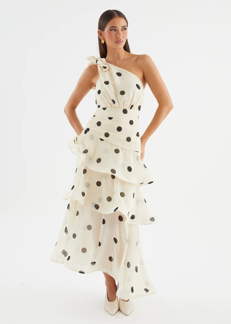 Polka Dot One-shoulder Ruffle Maxi Dress