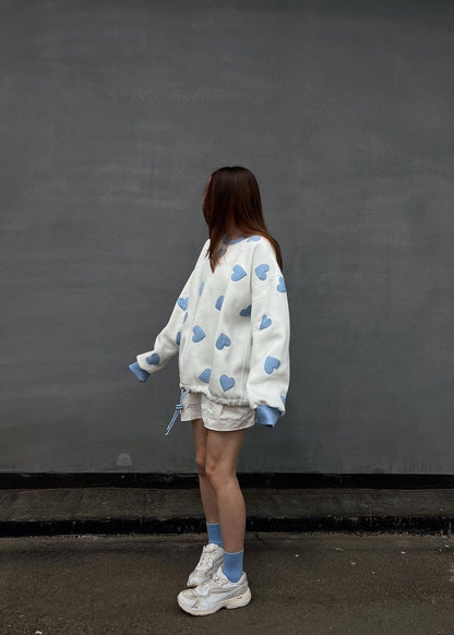 Amour – White Sweatshirt With Blue Heart Appliqués