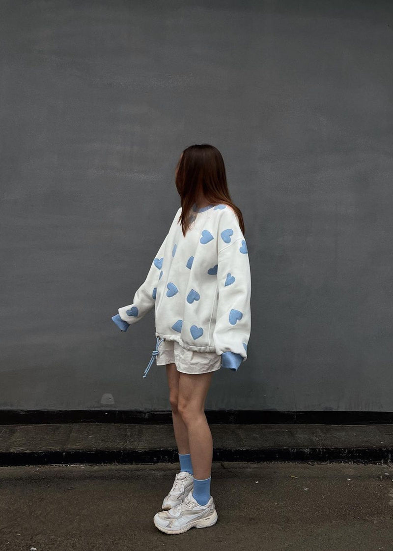 Amour – White Sweatshirt With Blue Heart Appliqués