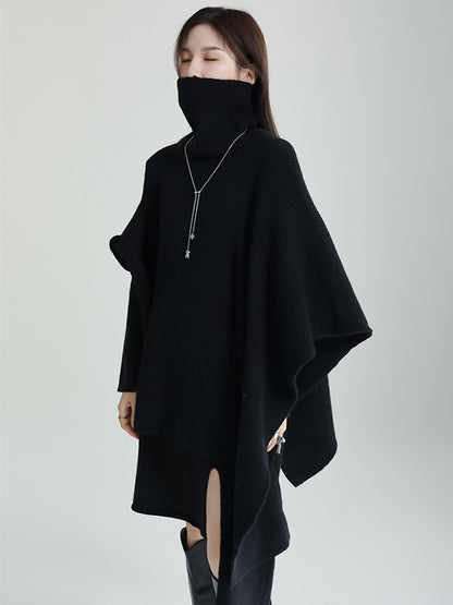 Long Sleeves Loose Color High-neck Shawl&sweater Dresses Two Pieces Set